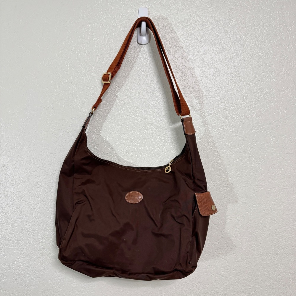 Longchamp Le Pliage Hobo Bag Women Medium Brown Nylon Leather Crossbody Shoulder